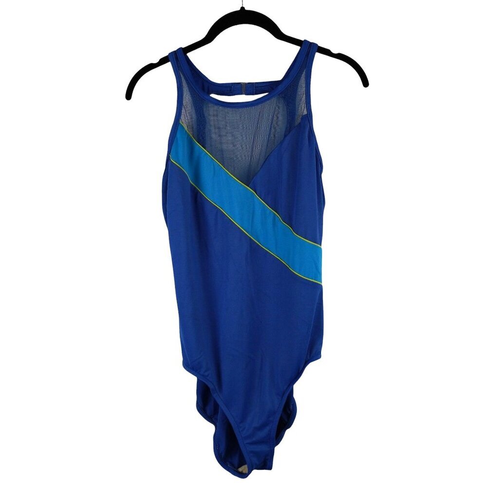 Diane Von Furstenberg Blue Mesh High Neck Swimsuit One Piece Size 16 Made USA